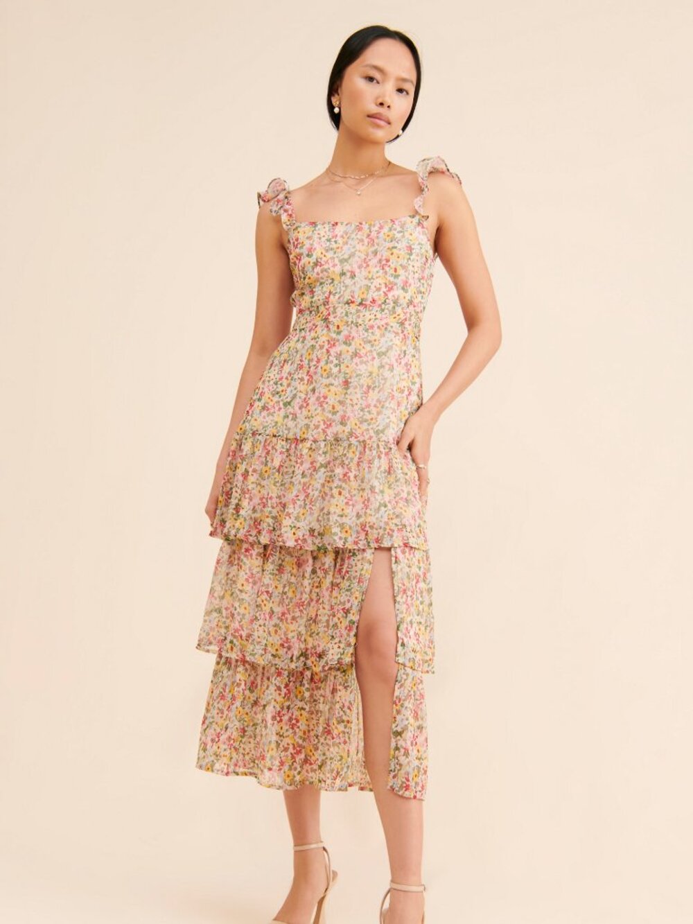 ASTR The Label - Floral Tiered Maxi Dress w/ Ruffle Straps & Open Back